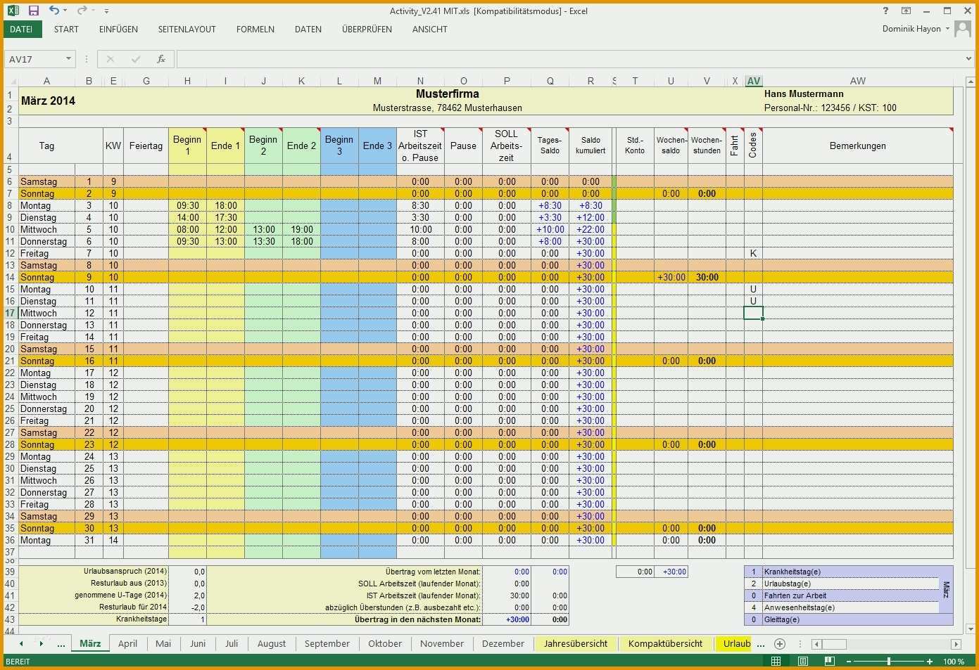 Angepasst 12 Excel Arbeitszeit Vorlage