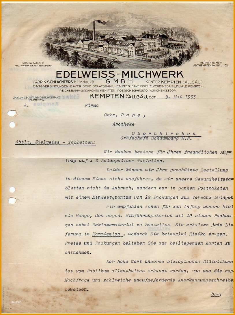 c727 rechnung briefkopf edelweiss milchwerk kempten allgaeu 1933