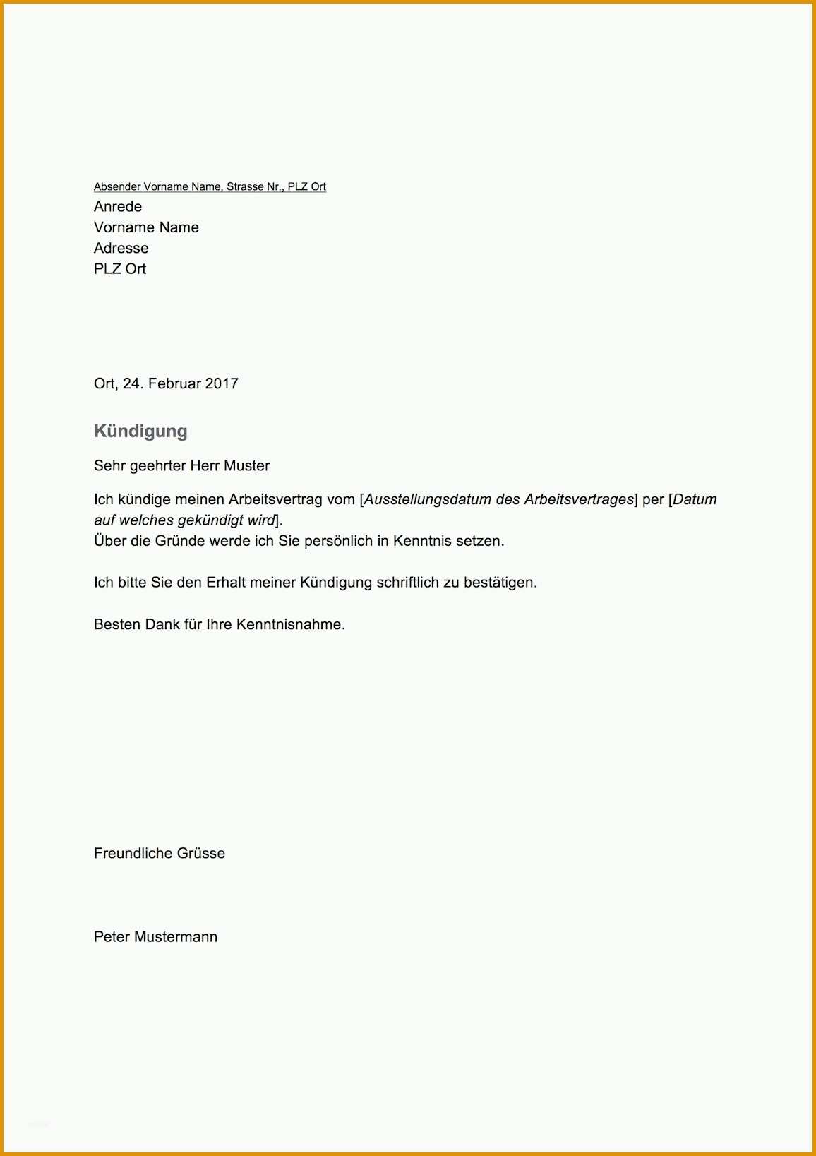 Bemerkenswert Kündigungsschreiben Vorlage Arbeitnehmer Schweiz