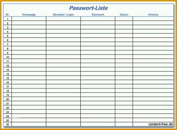 Großartig Passwort Liste Vorlage Für Excel