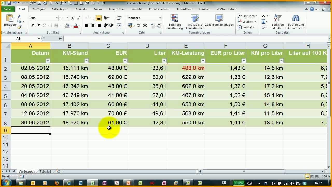 Hervorragen Benzinverbrauch Mit Excel Berechnen Kosten Auf 100 Km