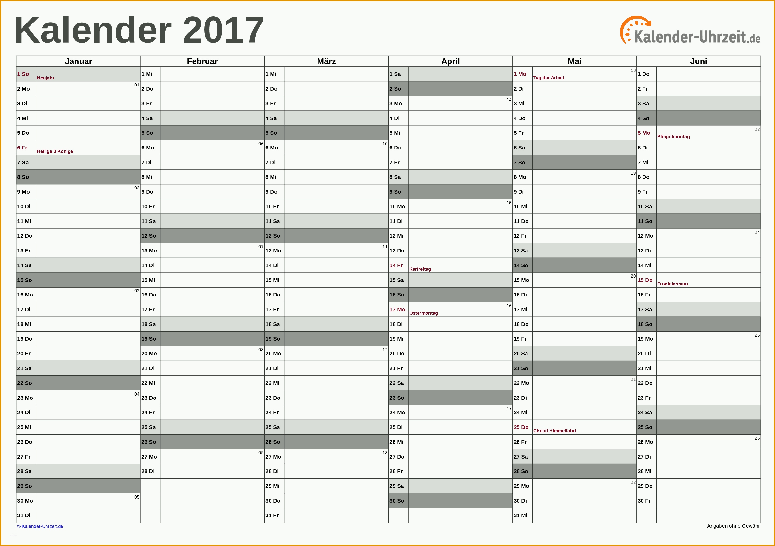 Hervorragen Excel Kalender 2017 Kostenlos