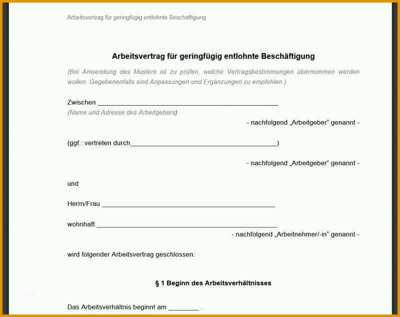 Limitierte Auflage Minijob Arbeitsvertrag Vorlage Download